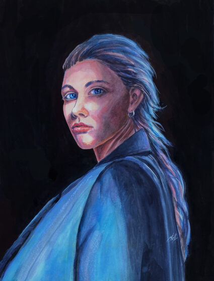 Lady in Blue Coat, Portrait of Woman, Original Watercolor